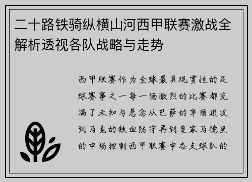 二十路铁骑纵横山河西甲联赛激战全解析透视各队战略与走势
